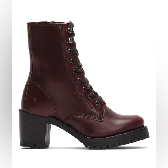 $528 Frye Sabrina Moto Brown Lace Up Leather Chunky Lug Heel Combat Ankle Bootie - Picture 4 of 15